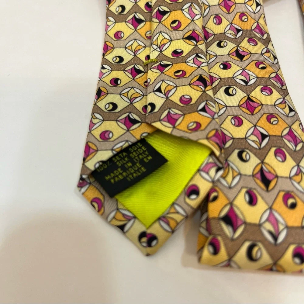 Emilio Pucci Geometric Yellow and‎ Pink Silk Tie